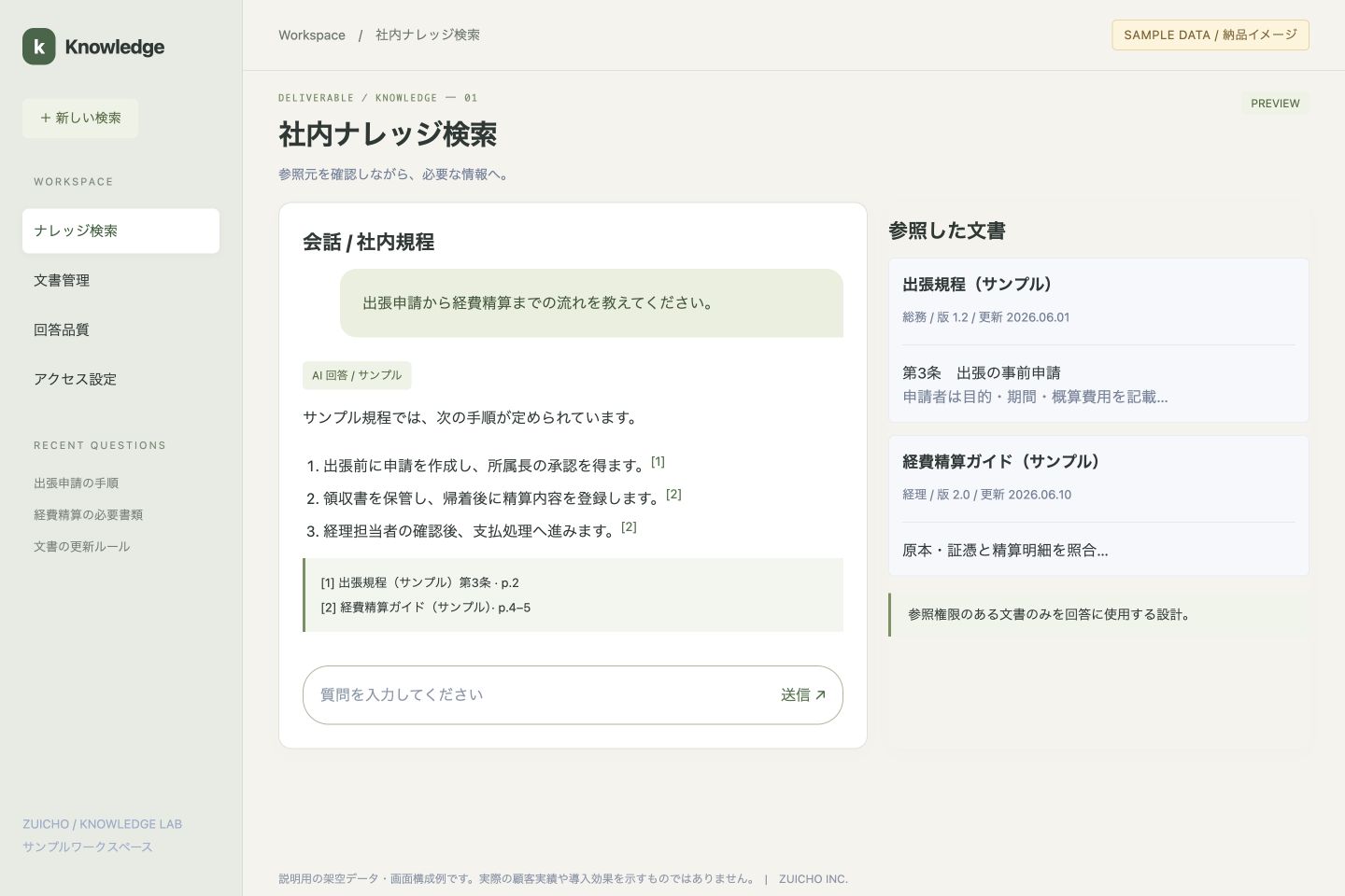 出典付きの社内規程検索(サンプル画面)